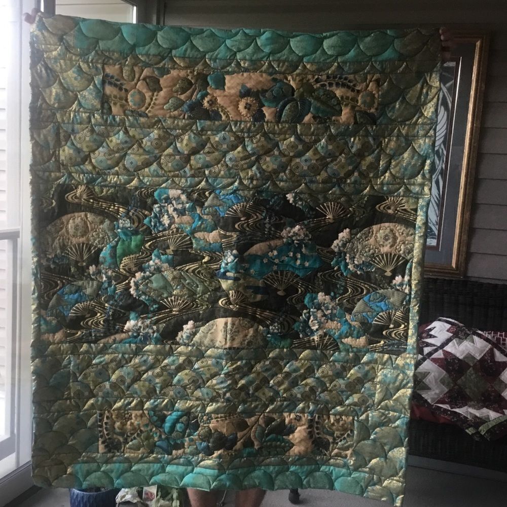 Hand Crafted Turquoise & Gold Quilt - Picture 2 of 16